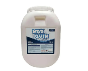 Cuñete grande de plástico de 50 kg de Tricloro en polvo de la marca Max Quim, utilizado para la desinfección, cloración e higiene del agua en albercas y piscinas.